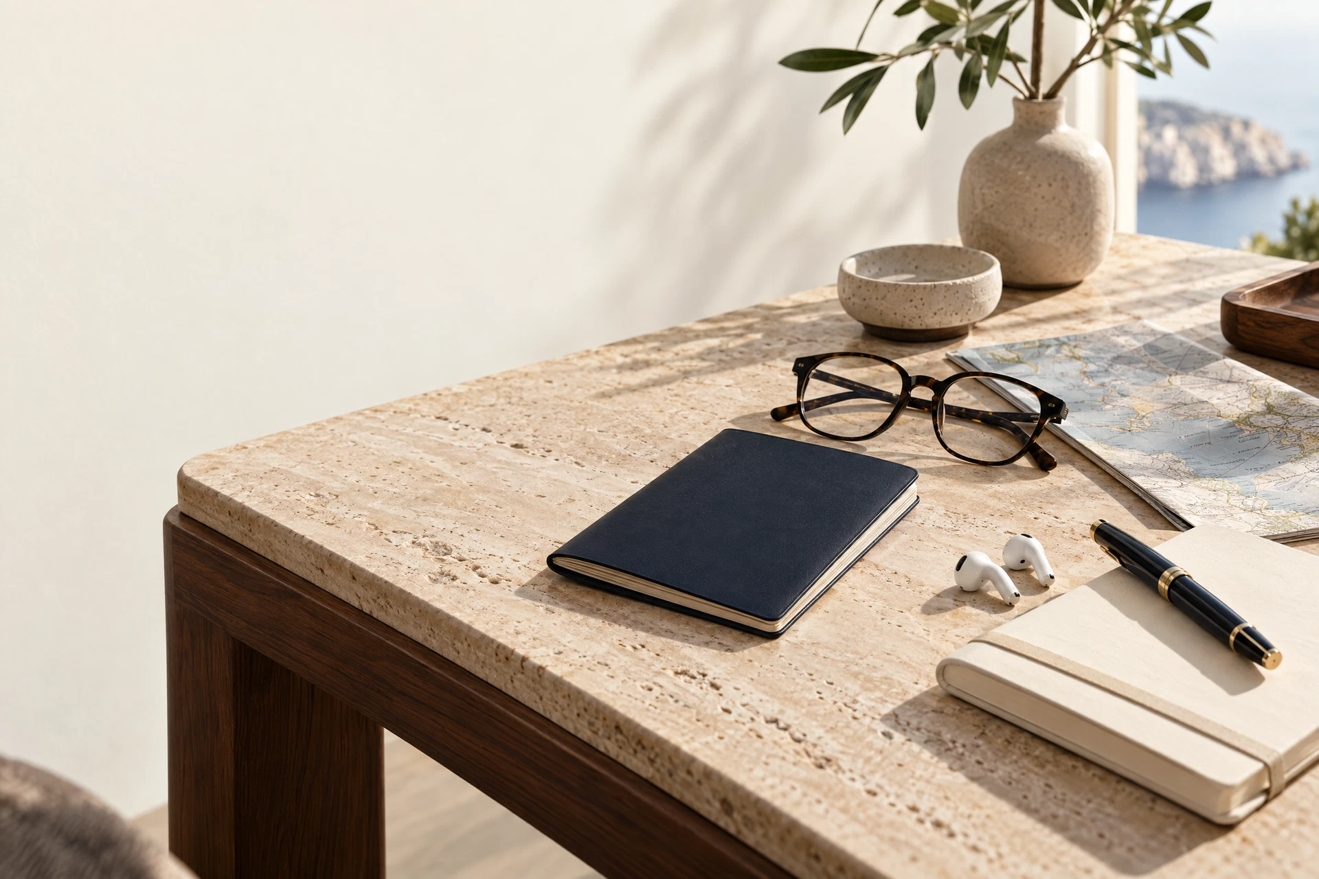 Notebook, eyeglasses and a map on a sunlit desk beside the coast