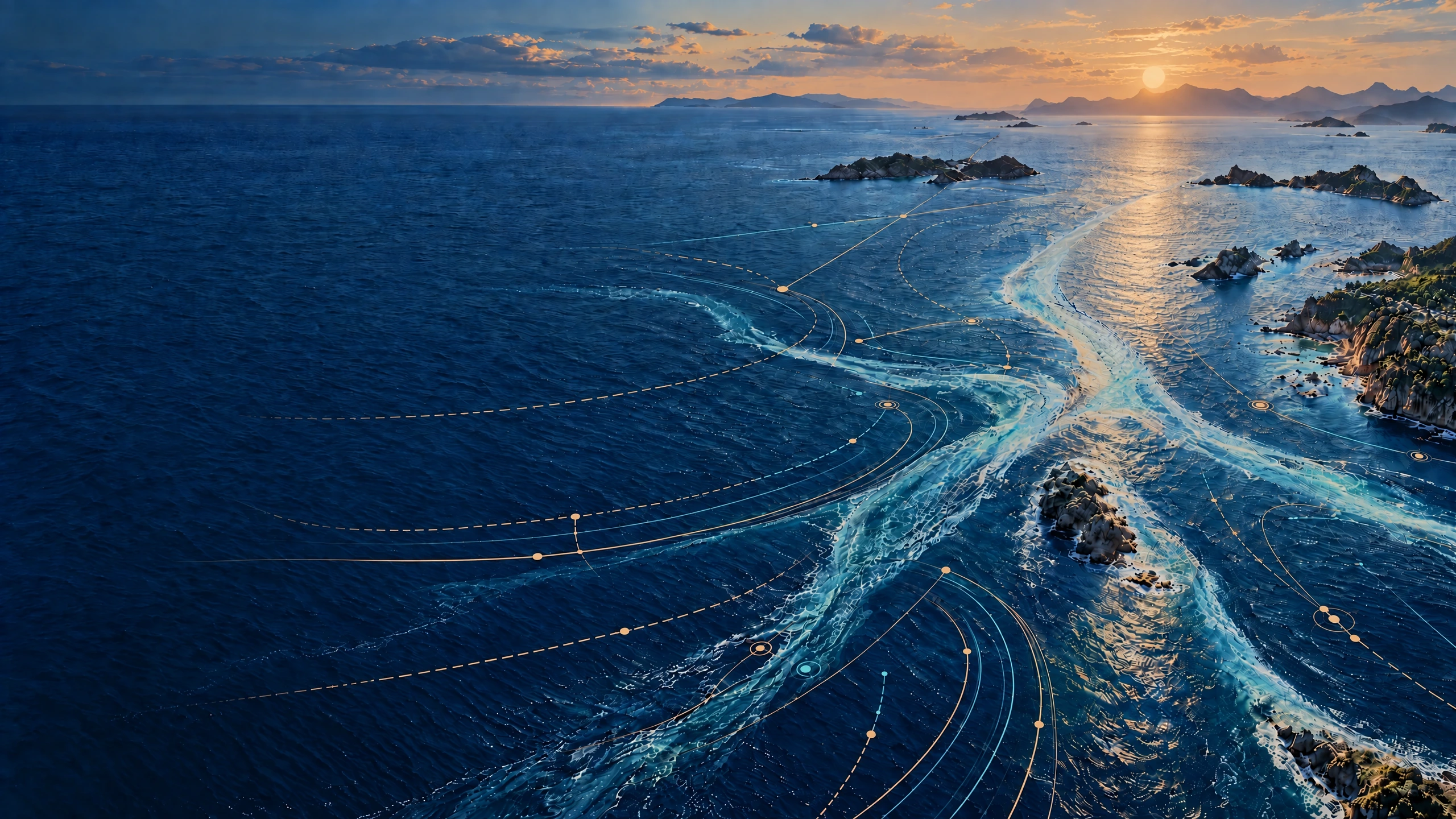 Ocean currents and fine analytical contour lines converging toward a softened sunset, a metaphor for coordinating career-built wealth